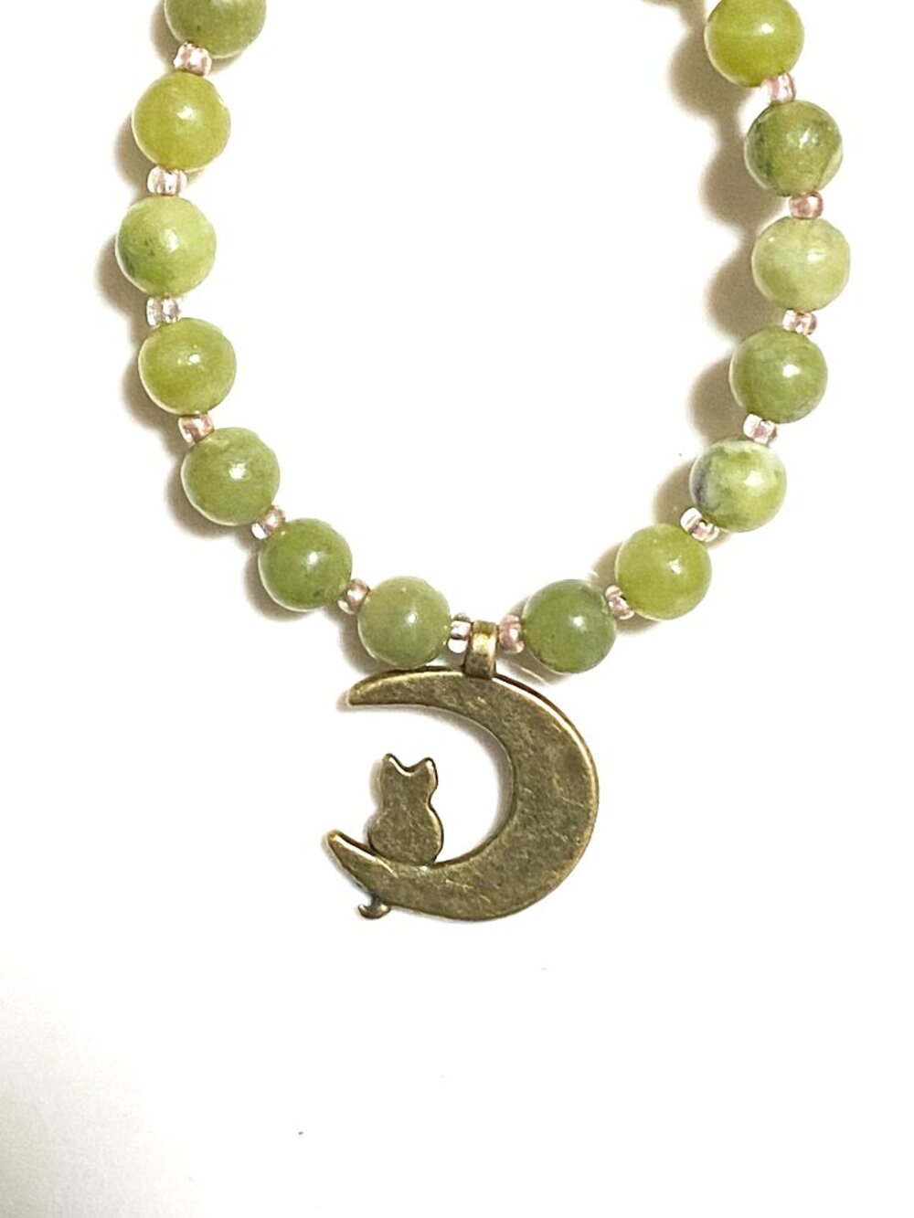 Genuine Serpentine Short Necklace, Gemstone & Bronze Cat on the Moon Pendant